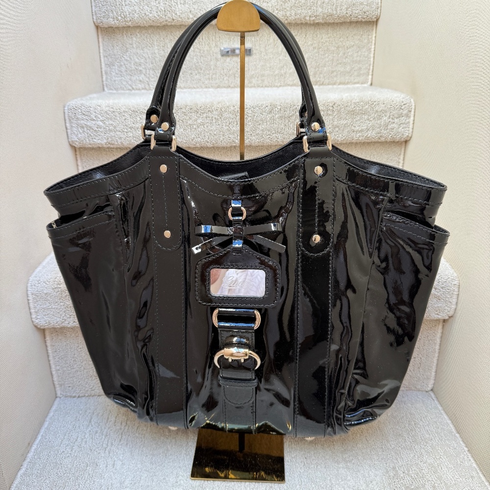 Gucci Patent Buckle Shoulder Tote Black